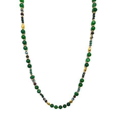 Collana Bijoux Verde Lunga 100cm con Perline di Pietra e Cristallo