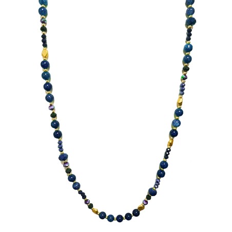 Collana Bijoux Blu Lunga 100cm con Perline di Pietra e Cristallo