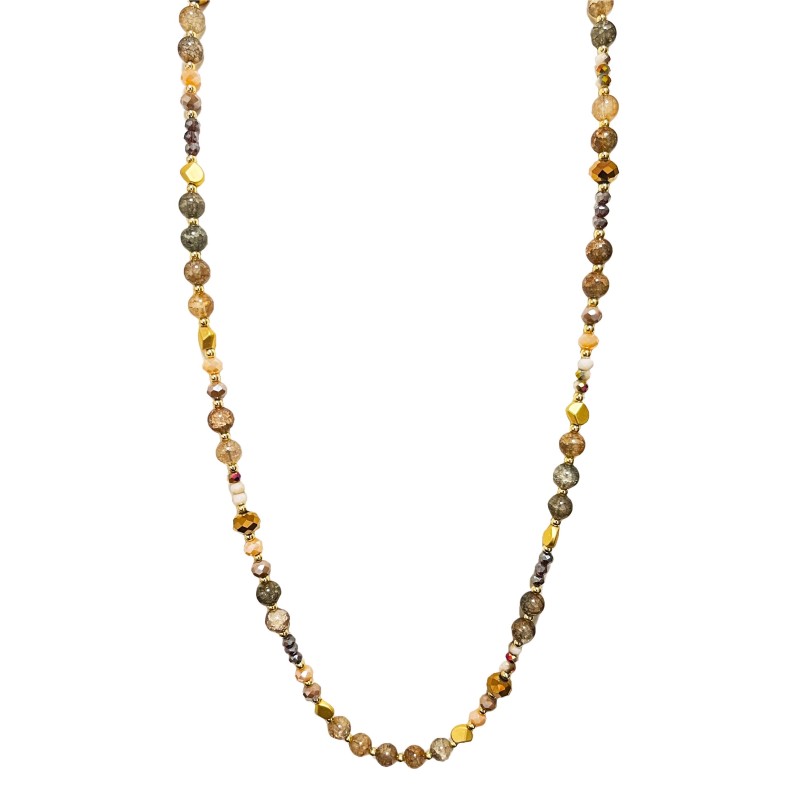 Collana Bijoux Marrone Lunga 100cm con Perline di Pietra e Cristallo