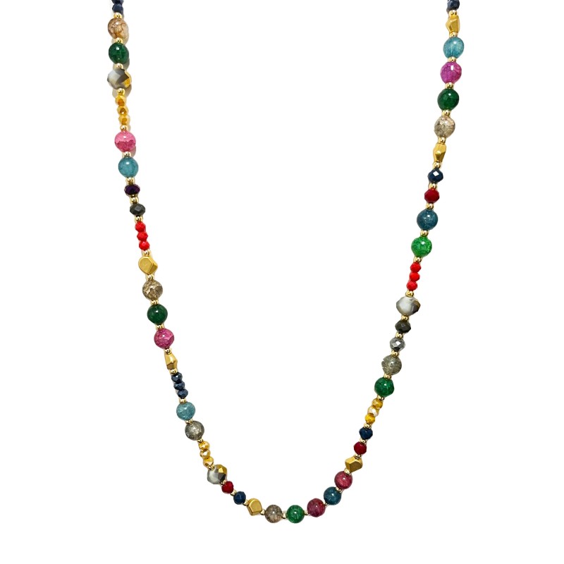 Collana Bijoux Multicolore Lunga 100cm con Perline di Pietra e Cristallo