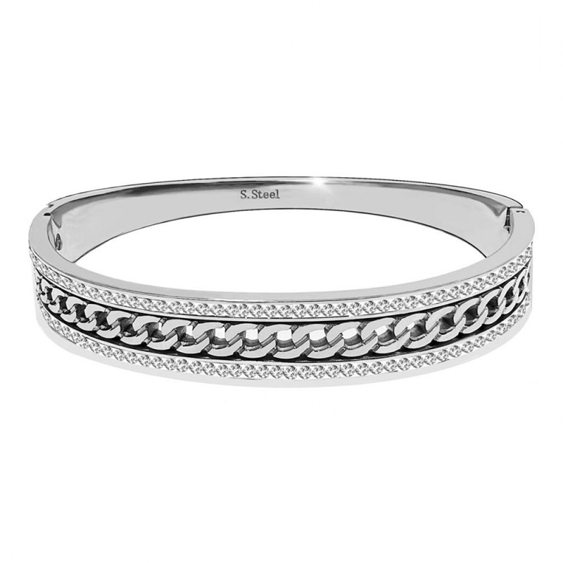 Bracciale Rigido Catena Strass Acciaio Argentato