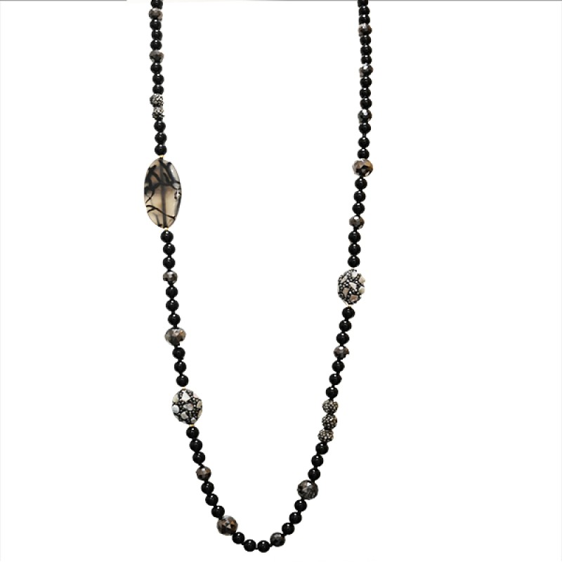 Collana Perline Lunga con Pietre e Cristalli Neri