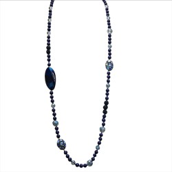 Collana Perline Lunga con Pietre e Cristalli Blu