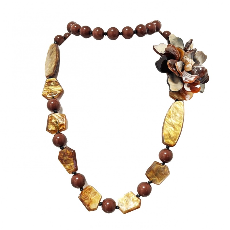 Collana Bijoux Lunga Caramel Fiore Pietre Perline