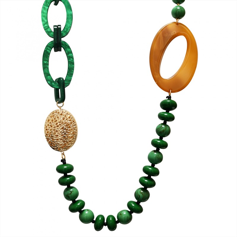 Collana Bijoux Lunga Oro Occhiale Perline Verde