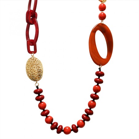 Collana Bijoux Lunga Oro Occhiale Perline Rosse