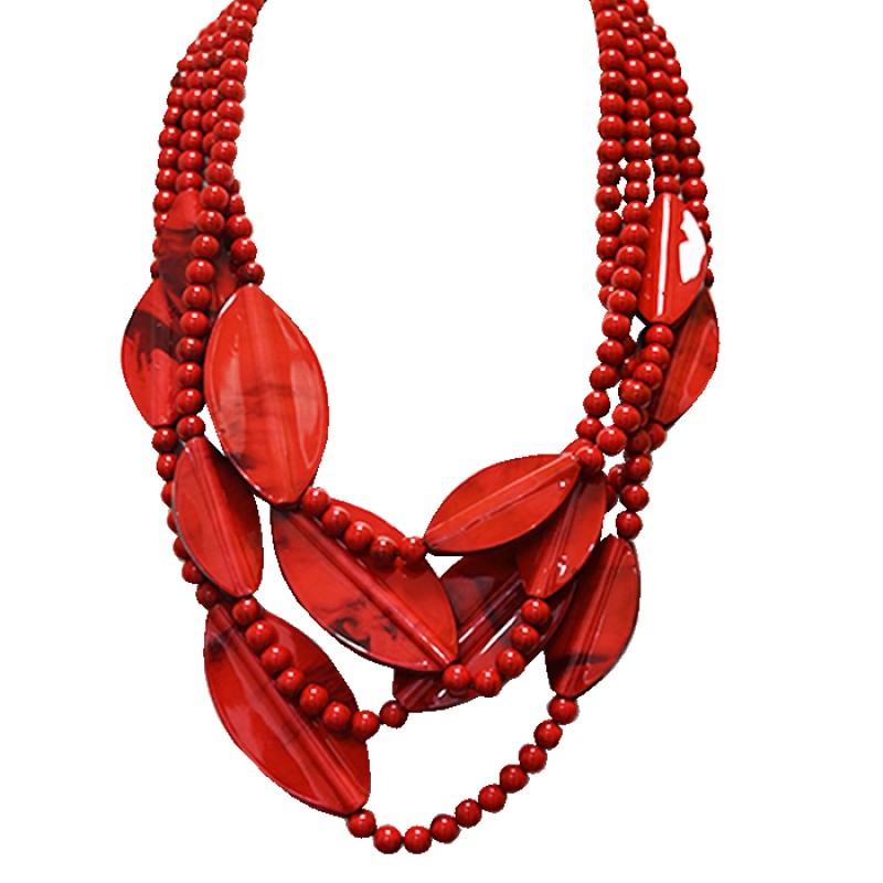 Collana Bijoux Multi-Filo Foglie-Perline Rosse