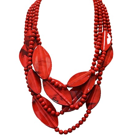 Collana Bijoux Multi-Filo Foglie-Perline Rosse