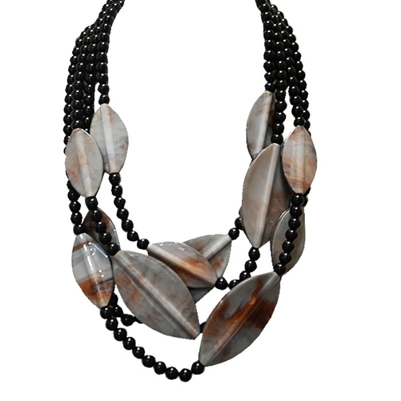 Collana Bijoux Multi-Filo Foglie-Perline Grigio-Nere