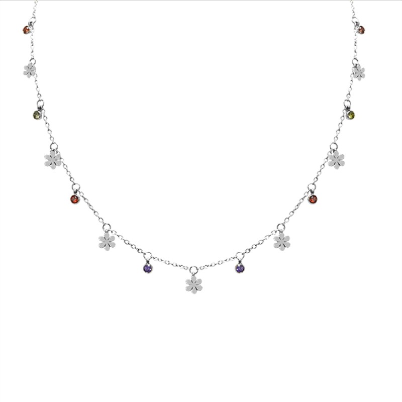 Girocollo Pendenti Margherite Zirconia Multicolore Acciaio Argentato