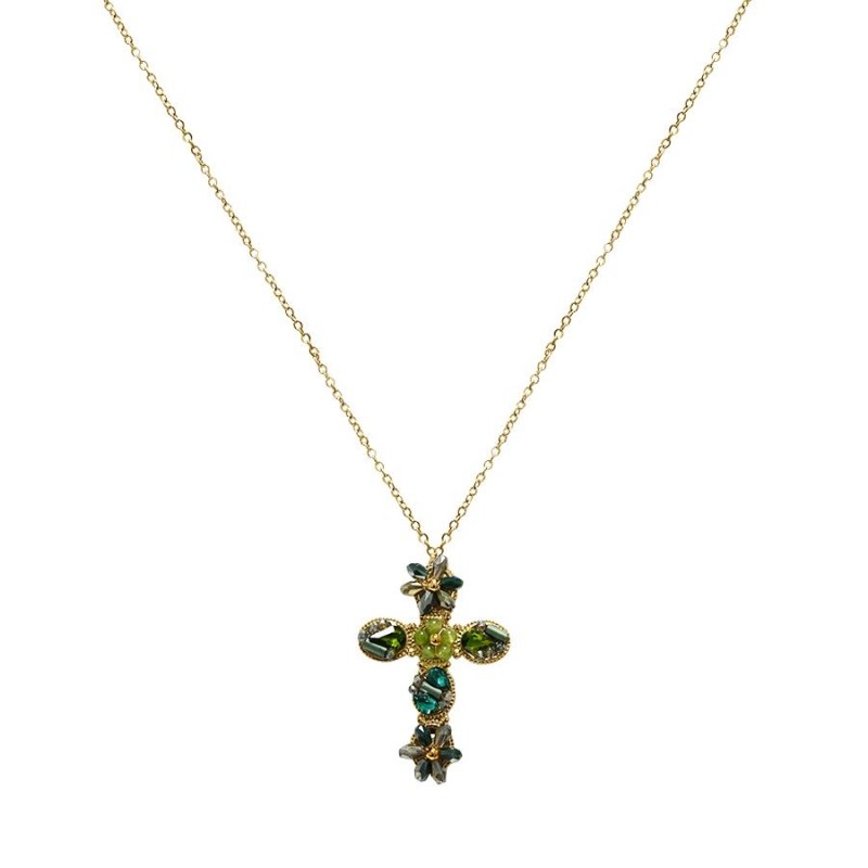 Collana Croce Verde con Cristalli a Forma Fiore