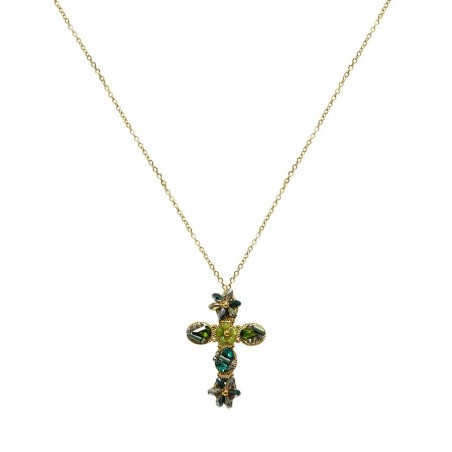 Collana Croce Verde con Cristalli a Forma Fiore