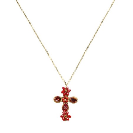 Collana Croce Rossa con Cristalli a Forma Fiore