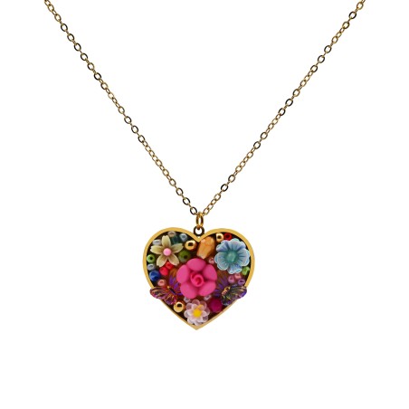 Collana Cuore con Fiore Fucsia in festa floreale Multicolore