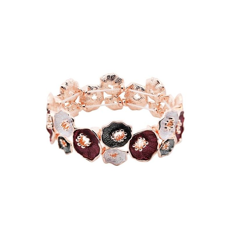 Bracciale Bijoux Elastico a Fiori Rosso Porpora Smaltato con Stami