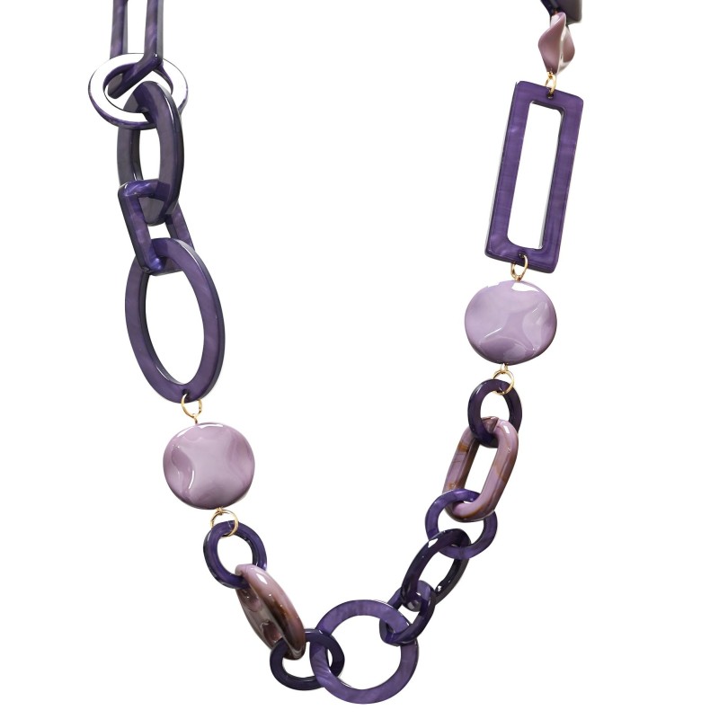 Collana Lunga Viola con Catena Geometrica e Perline In Resina