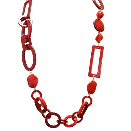 Collana Lunga Rossa con Catena Geometrica e Perline In Resina