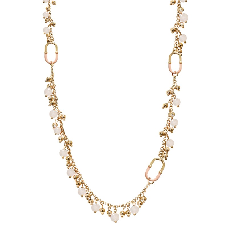 Collana Bijoux Lunga 95cm Oro Smaltata con Pietre Rosa e Perline