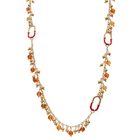 Collana Bijoux Lunga 95cm Oro Smaltata con Pietre Rosse e Perline