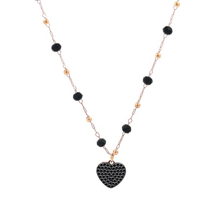 Collana Girocollo Oro Rosa con Pendente Cuore Nero e Cristallini