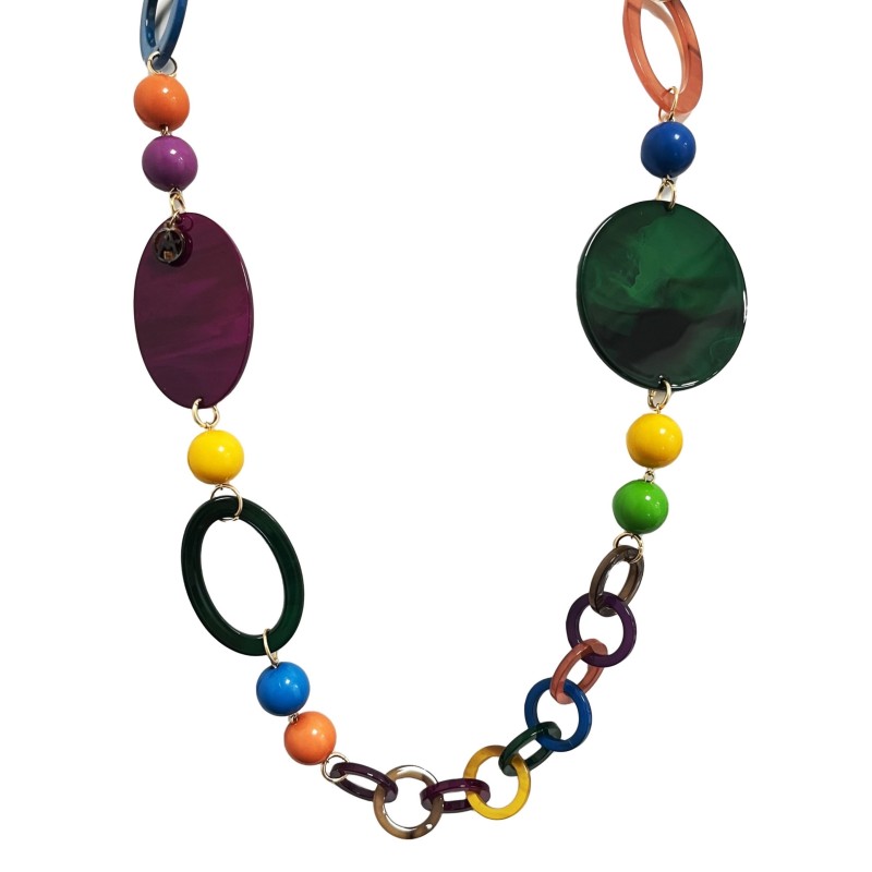 Collana Bijoux Lunga 100cm Multicolore a Maglia di Cerchi e Perline