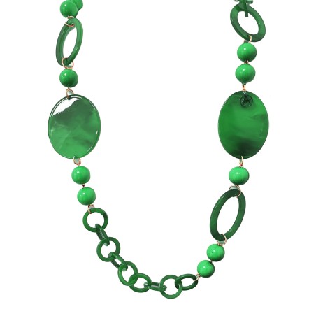 Collana Bijoux Lunga 100cm Verde a Maglia di Cerchi e Perline