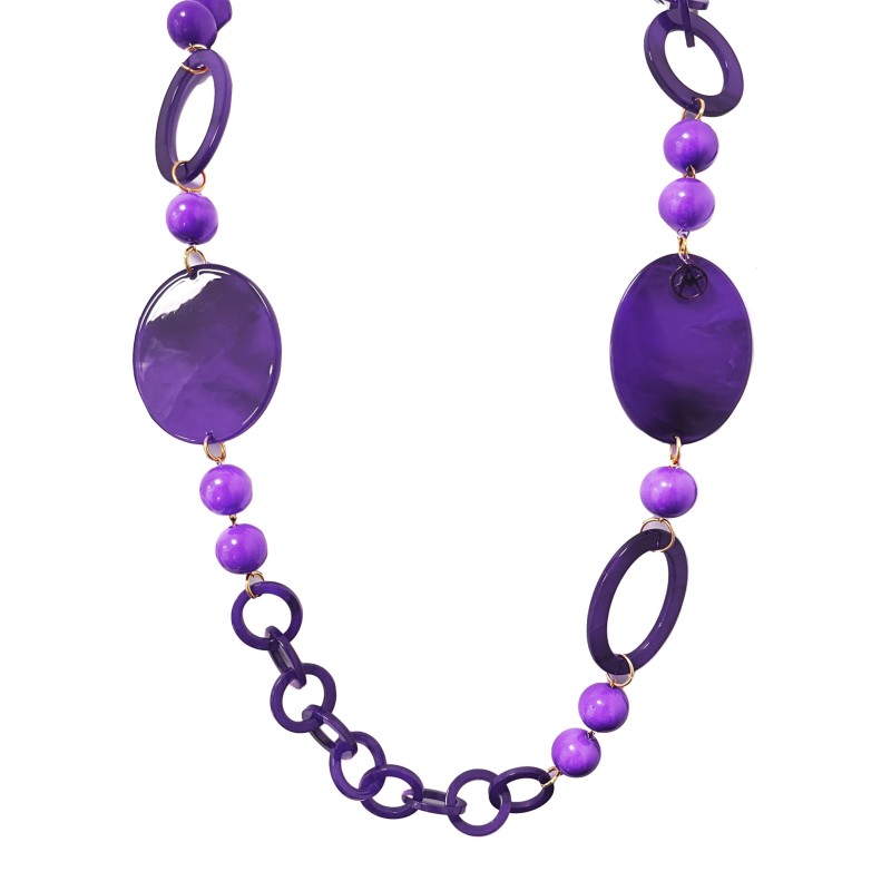 Collana Bijoux Lunga 100cm Viola a Maglia di Cerchi e Perline