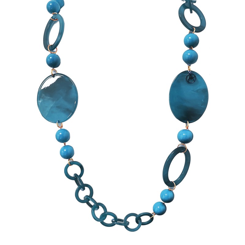 Collana Bijoux Lunga 100cm Blu-Celeste a Maglia di Cerchi e Perline