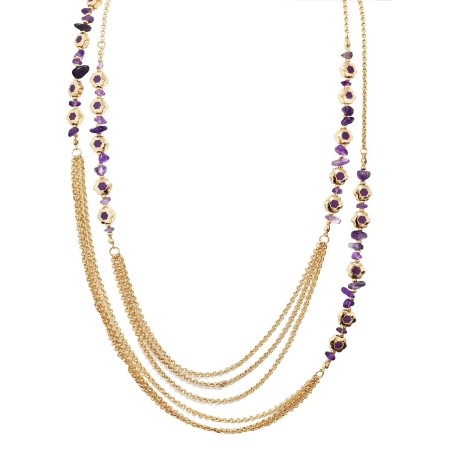 Collana Bijoux Lunga Doppio Filo DESEA Dorata con Fiori e Pietre Viola - 85cm