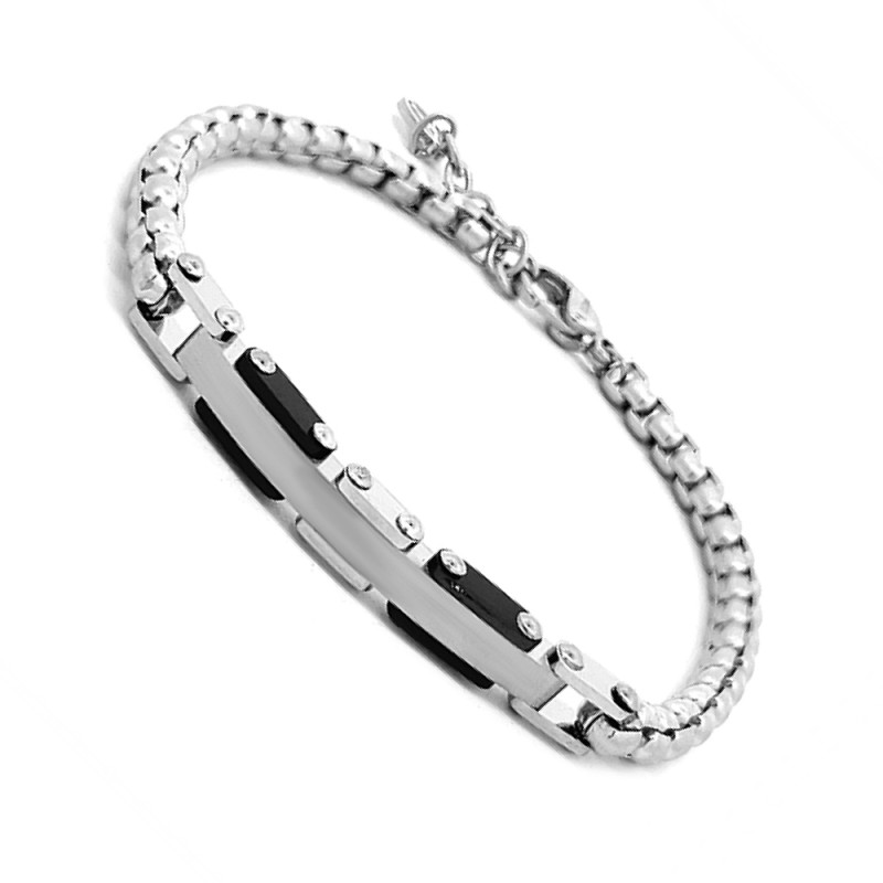 Bracciale Uomo Black Catena con Piastrina Acciaio Rodiato