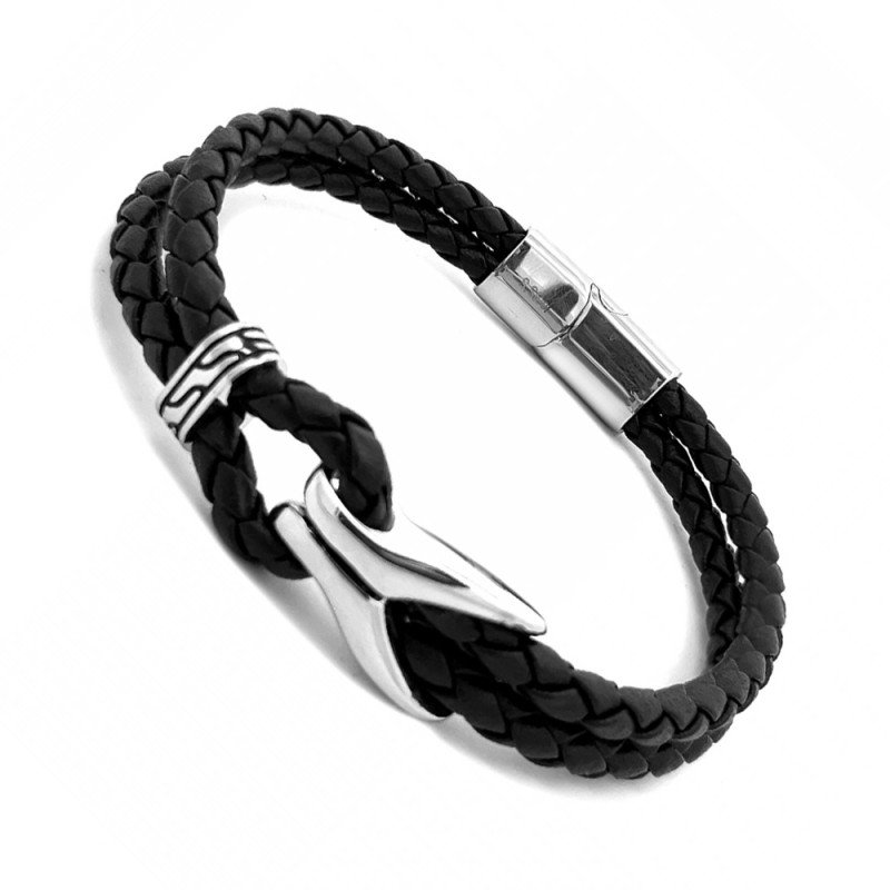 Bracciale Uomo Doppio Strato Nero Vera Pelle e Acciaio 316L