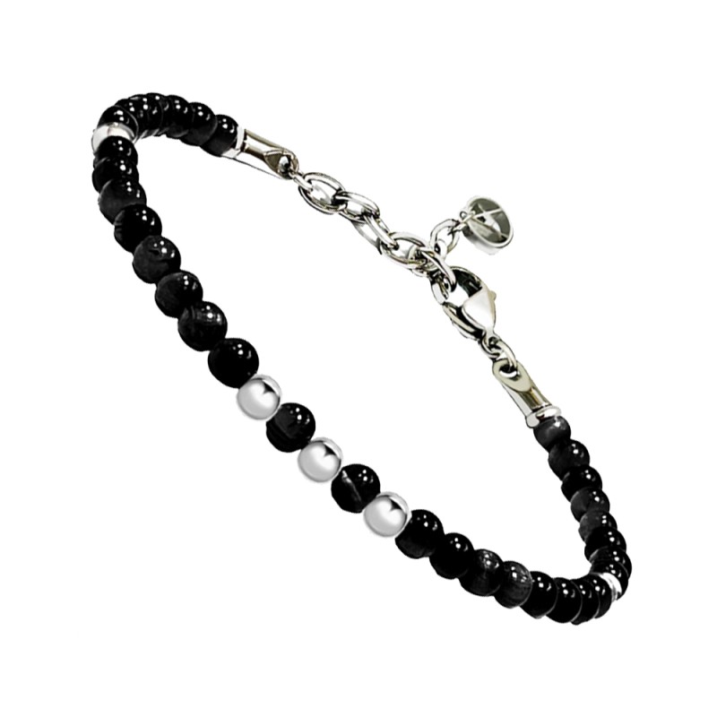 Bracciale Uomo Pietre Onice Perline Bianconero Acciaio 316L