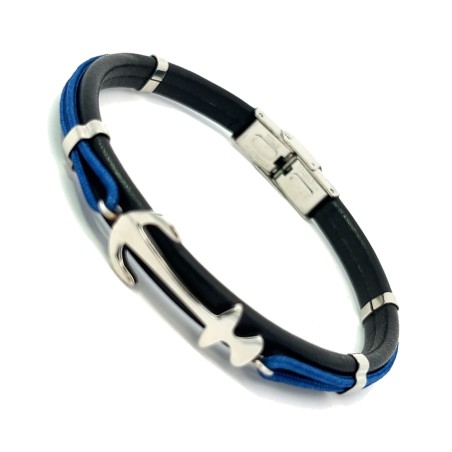 Bracciale Uomo Rigido Neroazzurro ANCORA Cuoio Corda Acciaio