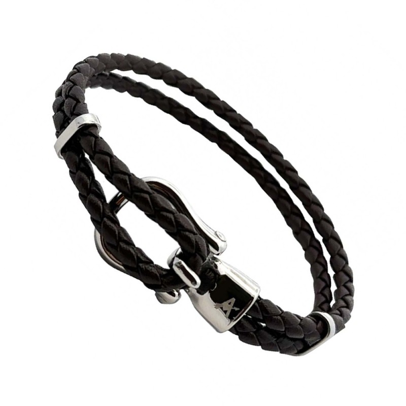 Bracciale Uomo Intrecciato Doppio Marrone Vera Pelle Acciaio