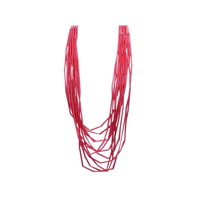 Collana Bijoux Lunga Multifilo FUCSIA Maglie di Bambu Resina Corda