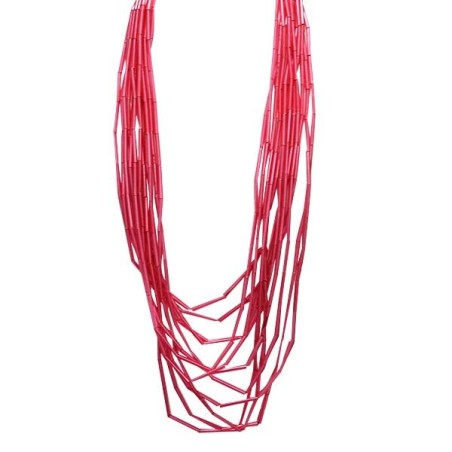 Collana Bijoux Lunga Multifilo FUCSIA Maglie di Bambu Resina Corda